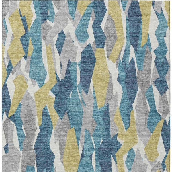 HomeRoots 5' Coastal Teal Blue Yellow Ivory Striped Washable Area Rug - Durable Indoor Outdoor Design for Any Space 659641