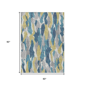 HomeRoots 5' Coastal Teal Blue Yellow Ivory Striped Washable Area Rug - Durable Indoor Outdoor Design for Any Space 659641