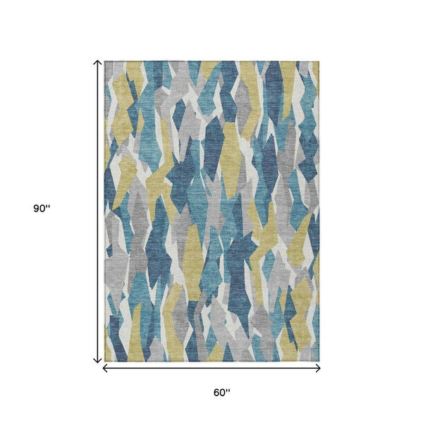 HomeRoots 5' Coastal Teal Blue Yellow Ivory Striped Washable Area Rug - Durable Indoor Outdoor Design for Any Space 659641