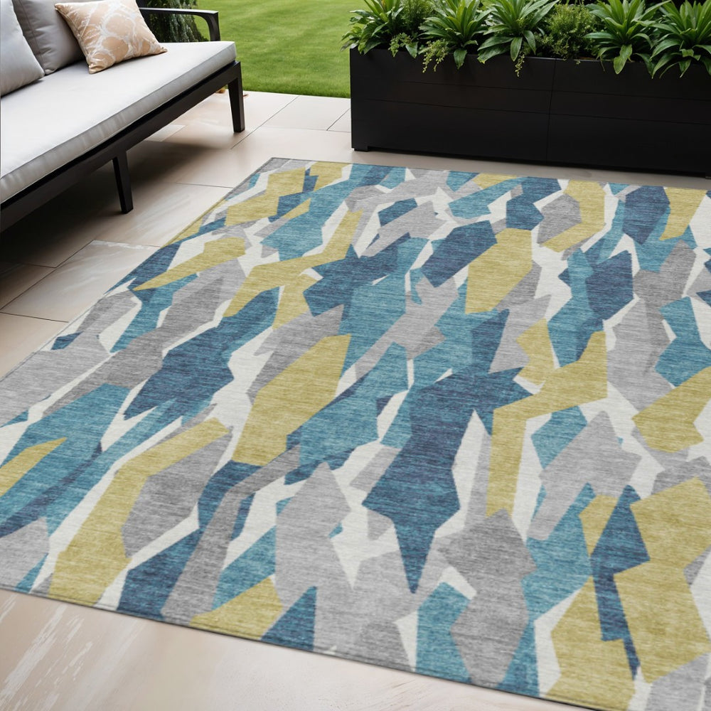 HomeRoots 5' Coastal Teal Blue Yellow Ivory Striped Washable Area Rug - Durable Indoor Outdoor Design for Any Space 659641