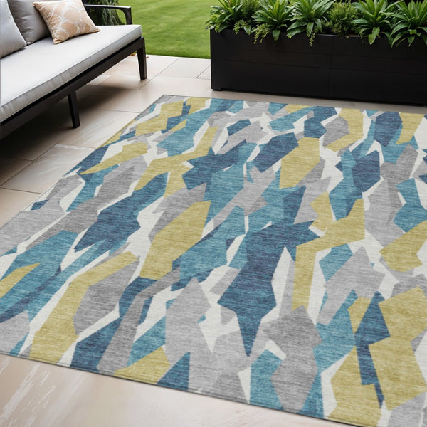 HomeRoots 5' Coastal Teal Blue Yellow Ivory Striped Washable Area Rug - Durable Indoor Outdoor Design for Any Space 659641