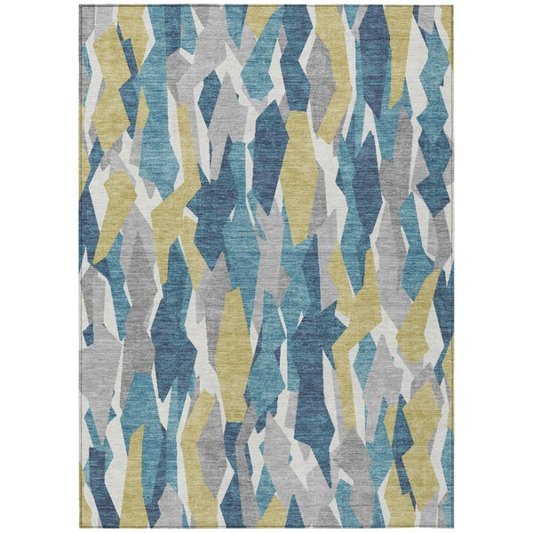HomeRoots 5' Coastal Teal Blue Yellow Ivory Striped Washable Area Rug - Durable Indoor Outdoor Design for Any Space 659641