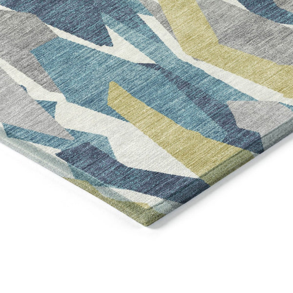 HomeRoots 5' Coastal Teal Blue Yellow Ivory Striped Washable Area Rug - Durable Indoor Outdoor Design for Any Space 659641