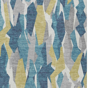 HomeRoots 5' Coastal Teal Blue Yellow Ivory Striped Washable Area Rug - Durable Indoor Outdoor Design for Any Space 659641