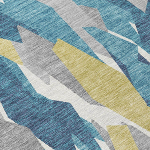 HomeRoots 5' Coastal Teal Blue Yellow Ivory Striped Washable Area Rug - Durable Indoor Outdoor Design for Any Space 659641