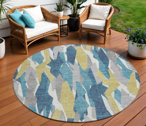HomeRoots 8' Vibrant Teal Blue, Yellow, and Ivory Round Striped Area Rug - Washable for Indoor & Outdoor Use 659642