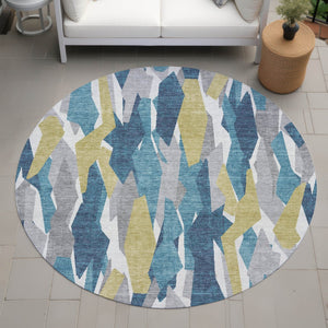 HomeRoots 8' Vibrant Teal Blue, Yellow, and Ivory Round Striped Area Rug - Washable for Indoor & Outdoor Use 659642