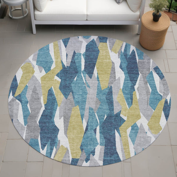 HomeRoots 8' Vibrant Teal Blue, Yellow, and Ivory Round Striped Area Rug - Washable for Indoor & Outdoor Use 659642