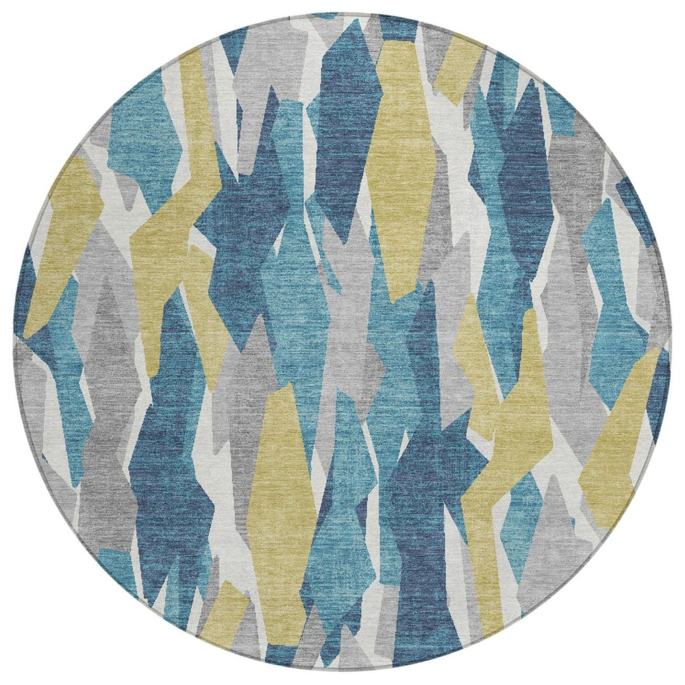 HomeRoots 8' Vibrant Teal Blue, Yellow, and Ivory Round Striped Area Rug - Washable for Indoor & Outdoor Use 659642