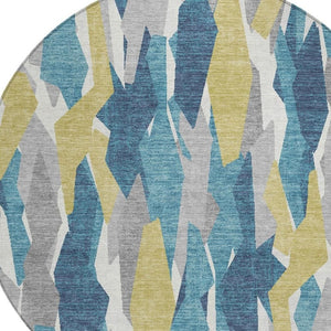 HomeRoots 8' Vibrant Teal Blue, Yellow, and Ivory Round Striped Area Rug - Washable for Indoor & Outdoor Use 659642