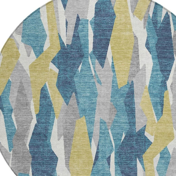 HomeRoots 8' Vibrant Teal Blue, Yellow, and Ivory Round Striped Area Rug - Washable for Indoor & Outdoor Use 659642