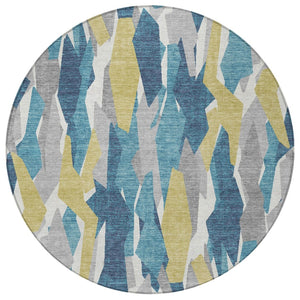 HomeRoots 8' Vibrant Teal Blue, Yellow, and Ivory Round Striped Area Rug - Washable for Indoor & Outdoor Use 659642