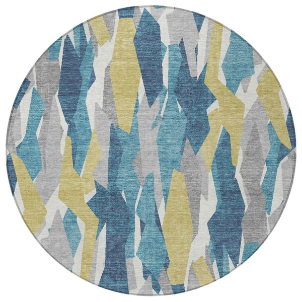 HomeRoots 8' Vibrant Teal Blue, Yellow, and Ivory Round Striped Area Rug - Washable for Indoor & Outdoor Use 659642