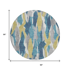 HomeRoots 8' Vibrant Teal Blue, Yellow, and Ivory Round Striped Area Rug - Washable for Indoor & Outdoor Use 659642