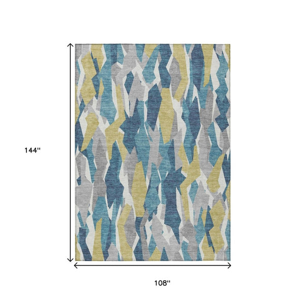 HomeRoots 9' X 12' Striped Area Rug in Teal, Blue, Yellow & Ivory - Washable, Durable for Indoor & Outdoor Use 659644