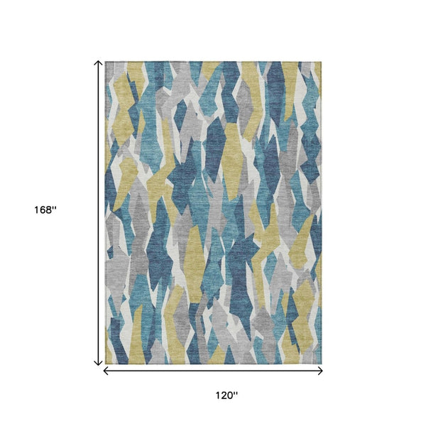 HomeRoots 10' X 14' Teal Blue Yellow Striped Area Rug - Durable, Washable for Indoor & Outdoor High-Traffic Use 659645