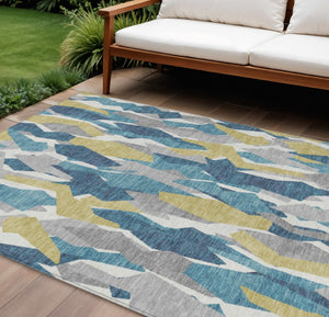 HomeRoots 10' X 14' Teal Blue Yellow Striped Area Rug - Durable, Washable for Indoor & Outdoor High-Traffic Use 659645