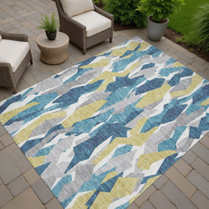 HomeRoots 10' X 14' Teal Blue Yellow Striped Area Rug - Durable, Washable for Indoor & Outdoor High-Traffic Use 659645