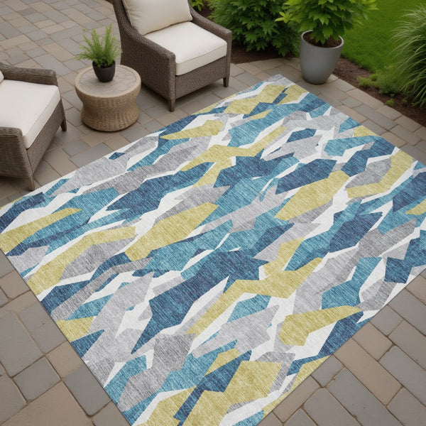 HomeRoots 10' X 14' Teal Blue Yellow Striped Area Rug - Durable, Washable for Indoor & Outdoor High-Traffic Use 659645