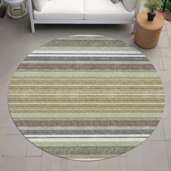 HomeRoots 8' Artichoke Green Round Striped Washable Rug - Stylish for Indoor & Outdoor Spaces, Easy Care! 659648