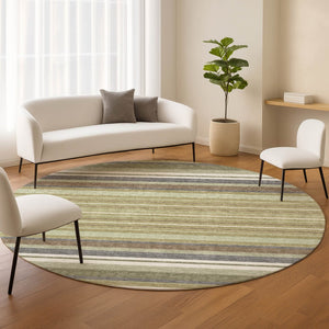 HomeRoots 8' Artichoke Green Round Striped Washable Rug - Stylish for Indoor & Outdoor Spaces, Easy Care! 659648