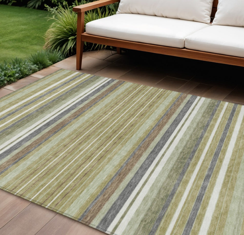 HomeRoots 9' X 12' Stylish Artichoke Green Striped Washable Indoor/Outdoor Rug for Home & Patio Use 659650