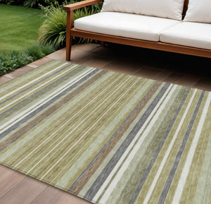 HomeRoots 9' X 12' Stylish Artichoke Green Striped Washable Indoor/Outdoor Rug for Home & Patio Use 659650