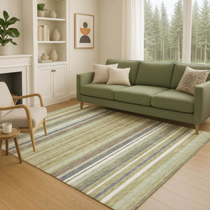 HomeRoots 9' X 12' Stylish Artichoke Green Striped Washable Indoor/Outdoor Rug for Home & Patio Use 659650