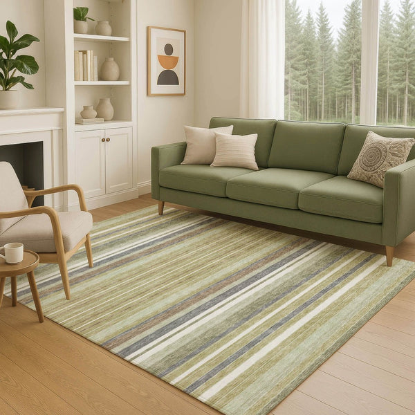 HomeRoots 10' Artichoke Green Striped Washable Area Rug - Indoor/Outdoor, Durable & Stylish for High Traffic Use 659651