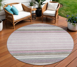 HomeRoots 8' Stylish Blush Purple & Ivory Round Striped Area Rug - Washable, Durable for Indoor & Outdoor Use 659654