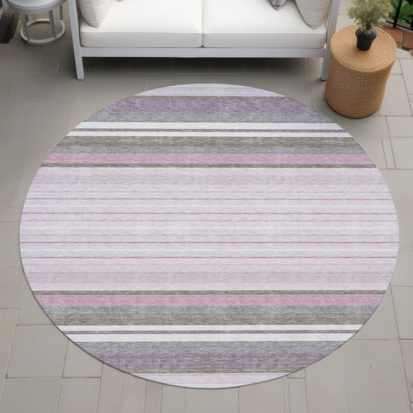 HomeRoots 8' Stylish Blush Purple & Ivory Round Striped Area Rug - Washable, Durable for Indoor & Outdoor Use 659654
