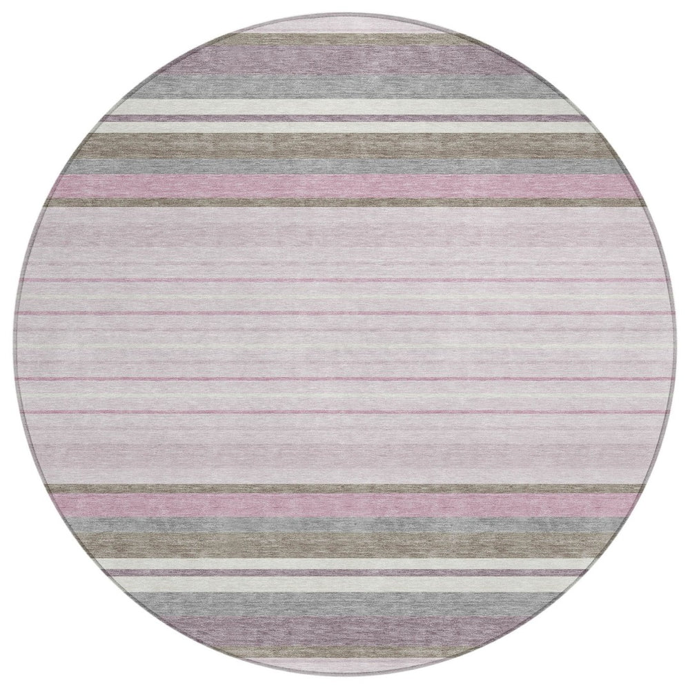 HomeRoots 8' Stylish Blush Purple & Ivory Round Striped Area Rug - Washable, Durable for Indoor & Outdoor Use 659654