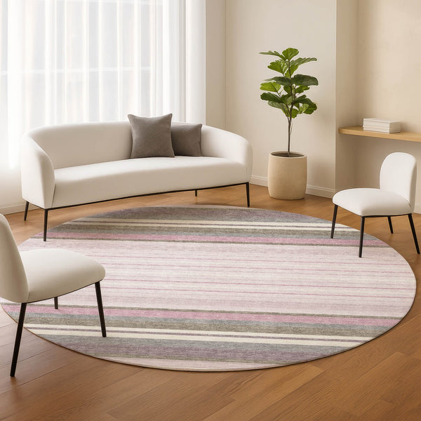 HomeRoots 8' Stylish Blush Purple & Ivory Round Striped Area Rug - Washable, Durable for Indoor & Outdoor Use 659654