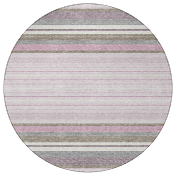 HomeRoots 8' Stylish Blush Purple & Ivory Round Striped Area Rug - Washable, Durable for Indoor & Outdoor Use 659654