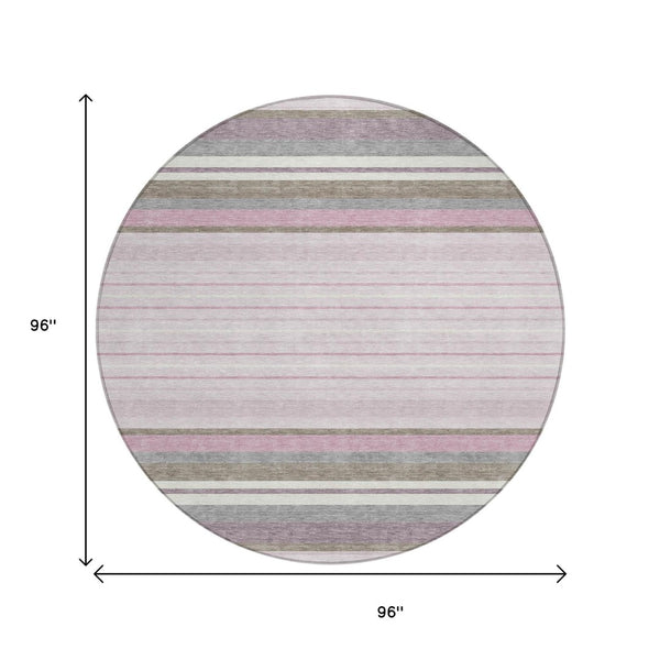 HomeRoots 8' Stylish Blush Purple & Ivory Round Striped Area Rug - Washable, Durable for Indoor & Outdoor Use 659654