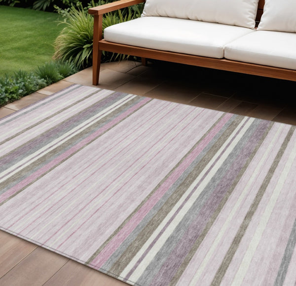 HomeRoots 10' Stylish Blush Purple & Ivory Striped Area Rug - Washable, Durable for Indoor & Outdoor Use 659657