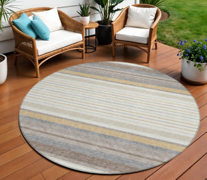 HomeRoots 8' Round Striped Area Rug in Ivory, Taupe & Beige - Stylish, Washable, Durable for Indoor/Outdoor Use 659660