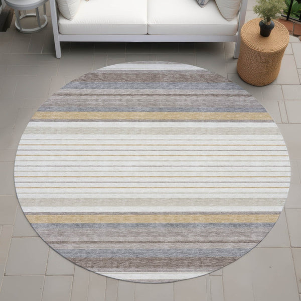 HomeRoots 8' Round Striped Area Rug in Ivory, Taupe & Beige - Stylish, Washable, Durable for Indoor/Outdoor Use 659660