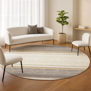 HomeRoots 8' Round Striped Area Rug in Ivory, Taupe & Beige - Stylish, Washable, Durable for Indoor/Outdoor Use 659660