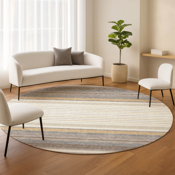 HomeRoots 8' Round Striped Area Rug in Ivory, Taupe & Beige - Stylish, Washable, Durable for Indoor/Outdoor Use 659660