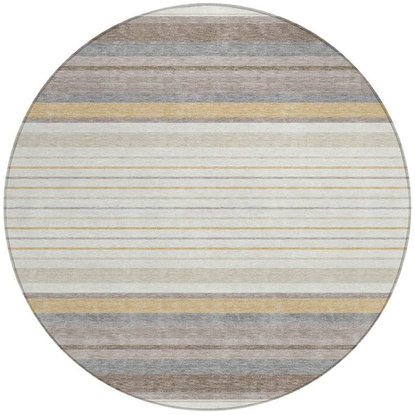 HomeRoots 8' Round Striped Area Rug in Ivory, Taupe & Beige - Stylish, Washable, Durable for Indoor/Outdoor Use 659660