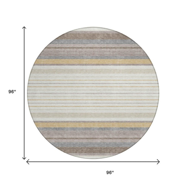 HomeRoots 8' Round Striped Area Rug in Ivory, Taupe & Beige - Stylish, Washable, Durable for Indoor/Outdoor Use 659660