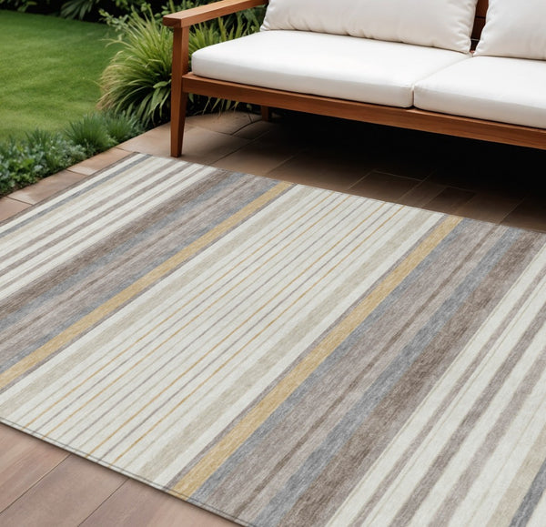 HomeRoots 10' Striped Indoor Outdoor Area Rug - Ivory, Taupe & Beige - Washable, Durable & Versatile Design! 659663