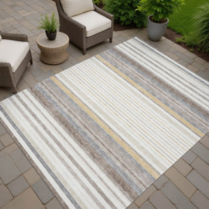 HomeRoots 10' Striped Indoor Outdoor Area Rug - Ivory, Taupe & Beige - Washable, Durable & Versatile Design! 659663