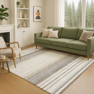 HomeRoots 10' Striped Indoor Outdoor Area Rug - Ivory, Taupe & Beige - Washable, Durable & Versatile Design! 659663