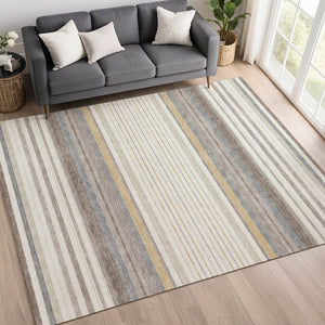 HomeRoots 10' Striped Indoor Outdoor Area Rug - Ivory, Taupe & Beige - Washable, Durable & Versatile Design! 659663