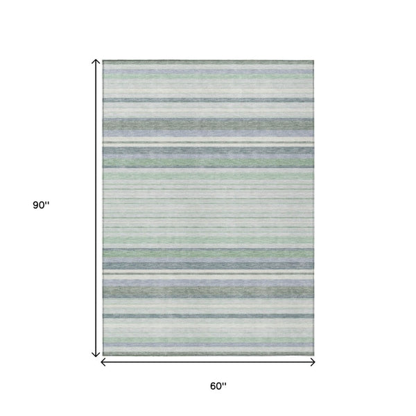 HomeRoots 5' Stylish Mint Green and Ivory Striped Washable Area Rug for Indoor/Outdoor Use - Durable & Easy Care 659665