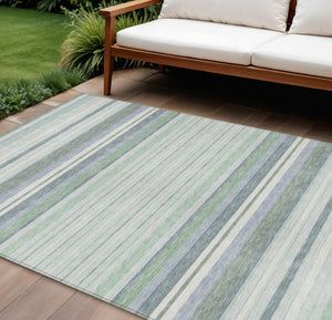 HomeRoots 8' Mint Green and Ivory Striped Washable Area Rug - Durable, Versatile Indoor/Outdoor Decor Accent 659667