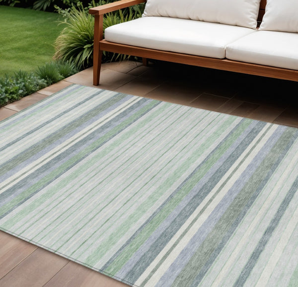 HomeRoots 8' Mint Green and Ivory Striped Washable Area Rug - Durable, Versatile Indoor/Outdoor Decor Accent 659667