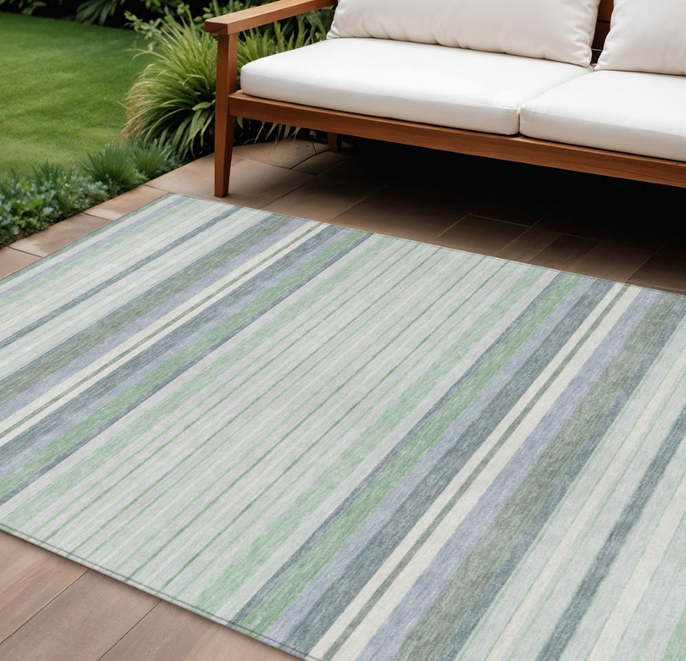 HomeRoots 10' Mint Green and Ivory Striped Area Rug – Washable, Durable, Stylish for Indoor & Outdoor Spaces 659669